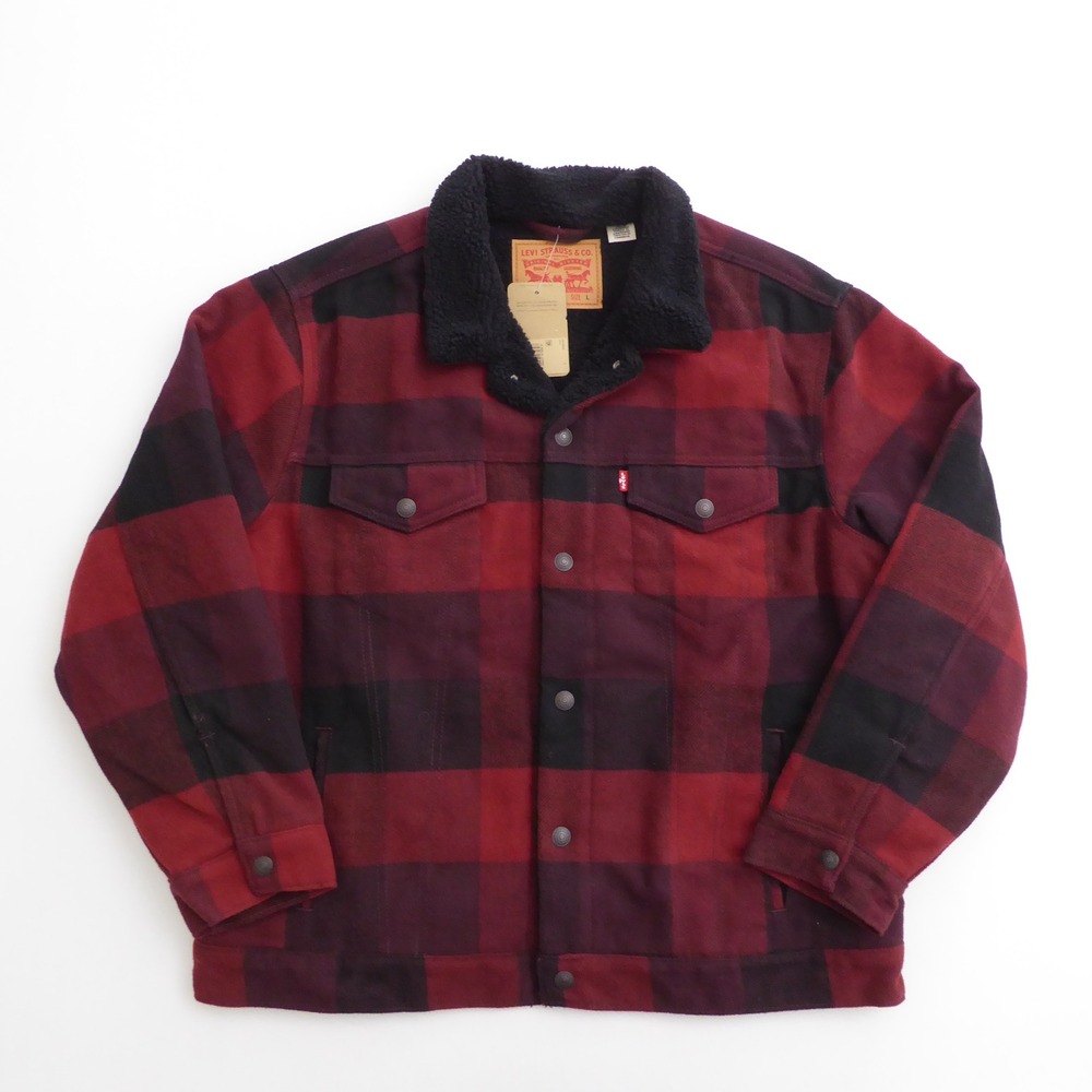Levi Mens Trucker Jacket Red Buffalo Plaid Sherpa Lined Relaxed Fit Large